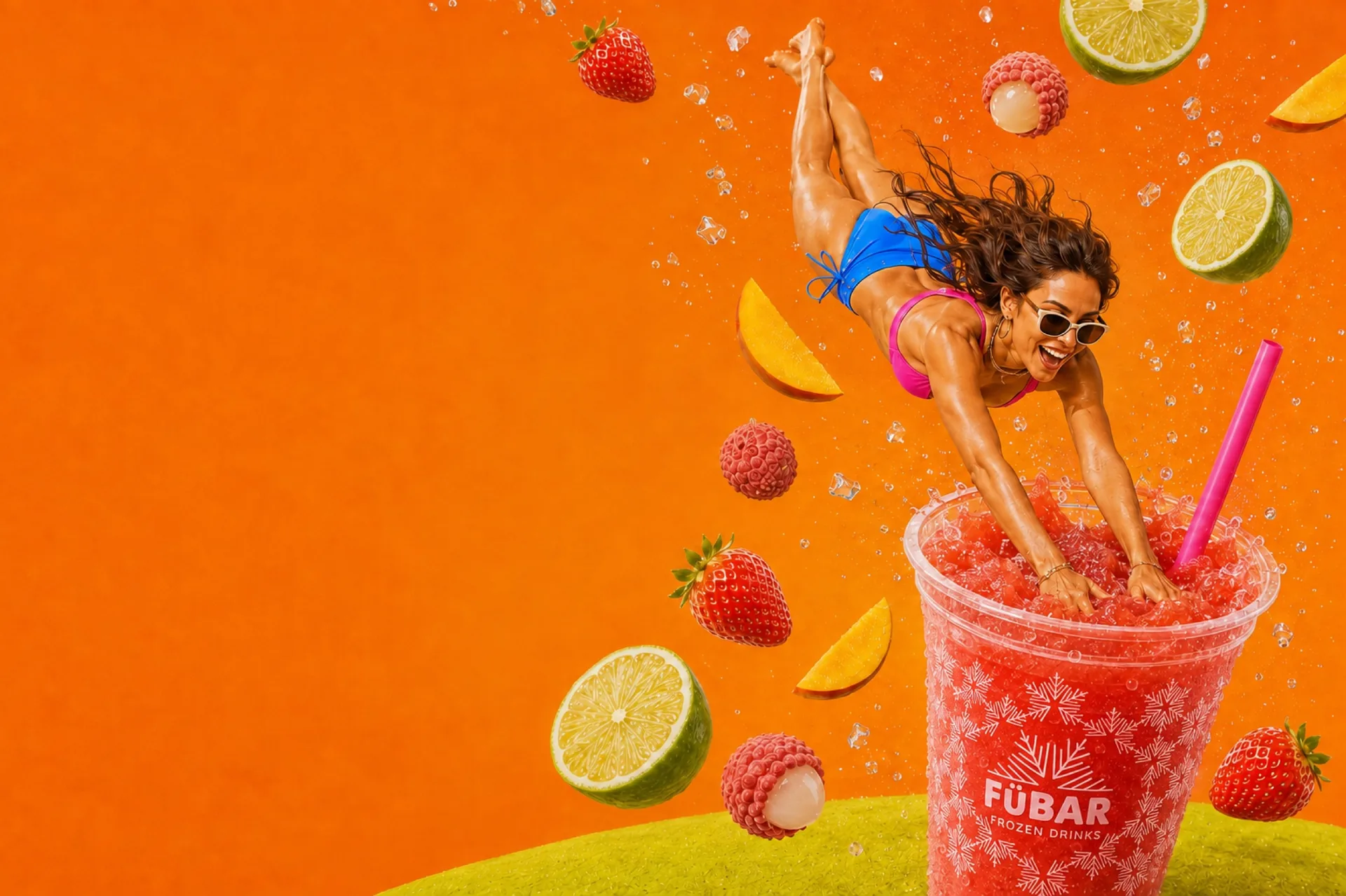 Adult woman joyfully diving into a giant branded strawberry FÜBAR frozen cocktail as fresh fruit falls around her