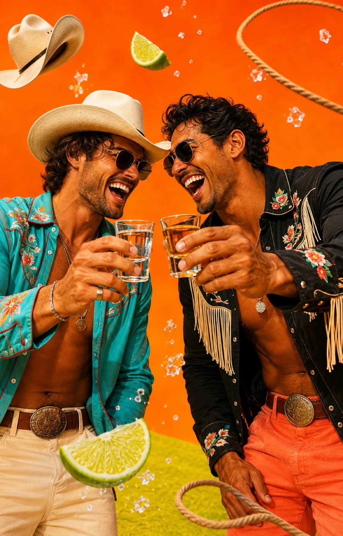 Two adult cowboys laughing as they raise thick two-ounce tequila and whiskey shots in FÜBAR’s playful orange campaign world