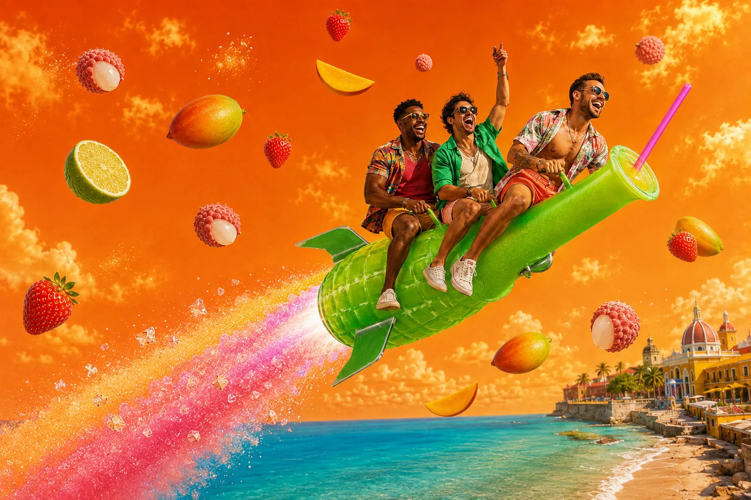Three friends riding a giant green FÜBAR refill-cup rocket among lime, mango, lychee and strawberry